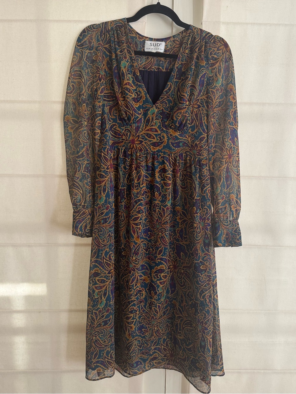 SUD Floral Paisley Long Sleeve Midi Dress - Navy with gold